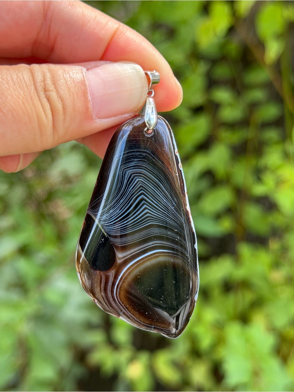 Sterling silver 925 stamped unique banded black agate free form pendant 1758‎